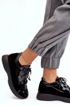 Zazoo Buty Sportowe Na Platformie|Sneakersy Damskie*Skórzane Lakierowane Buty Sportowe Damskie M01/2 Czarne Czarny