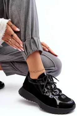 Zazoo Buty Sportowe Na Platformie|Sneakersy Damskie*Skórzane Lakierowane Buty Sportowe Damskie M01/2 Czarne Czarny
