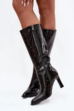 Online D&A Skórzane Lakierowane Kozaki Damskie Na Obcasie Ocieplane CR52-716 Czarne Czarny