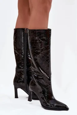 Online D&A Skórzane Lakierowane Kozaki Damskie Na Obcasie Ocieplane CR52-716 Czarne Czarny