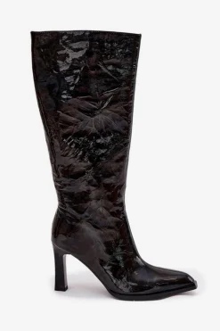 Online D&A Skórzane Lakierowane Kozaki Damskie Na Obcasie Ocieplane CR52-716 Czarne Czarny