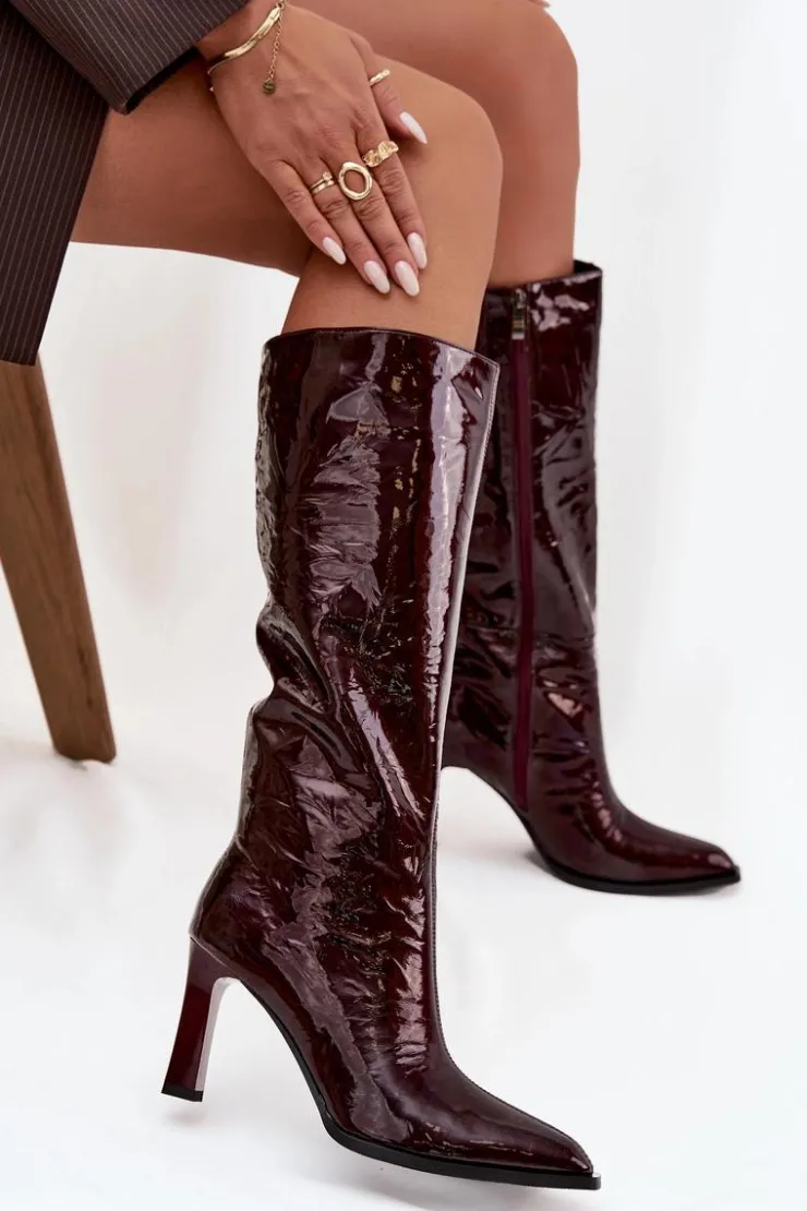 D&A Kozaki Ocieplane|Kozaki Na Słupku*Skórzane Lakierowane Kozaki Damskie Ocieplane CR52-716 Bordowe Czerwony