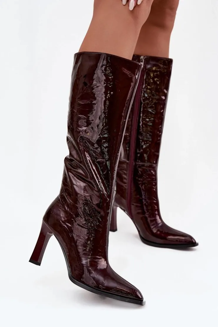 D&A Kozaki Ocieplane|Kozaki Na Słupku*Skórzane Lakierowane Kozaki Damskie Ocieplane CR52-716 Bordowe Czerwony