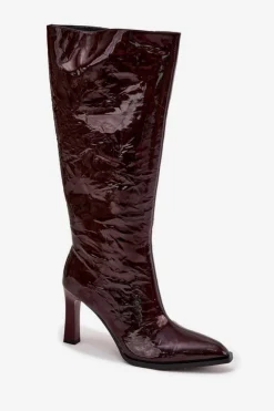 D&A Kozaki Ocieplane|Kozaki Na Słupku*Skórzane Lakierowane Kozaki Damskie Ocieplane CR52-716 Bordowe Czerwony