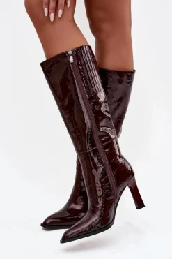 D&A Kozaki Ocieplane|Kozaki Na Słupku*Skórzane Lakierowane Kozaki Damskie Ocieplane CR52-716 Bordowe Czerwony