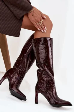 D&A Kozaki Ocieplane|Kozaki Na Słupku*Skórzane Lakierowane Kozaki Damskie Ocieplane CR52-716 Bordowe Czerwony