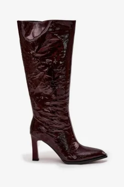 D&A Kozaki Ocieplane|Kozaki Na Słupku*Skórzane Lakierowane Kozaki Damskie Ocieplane CR52-716 Bordowe Czerwony