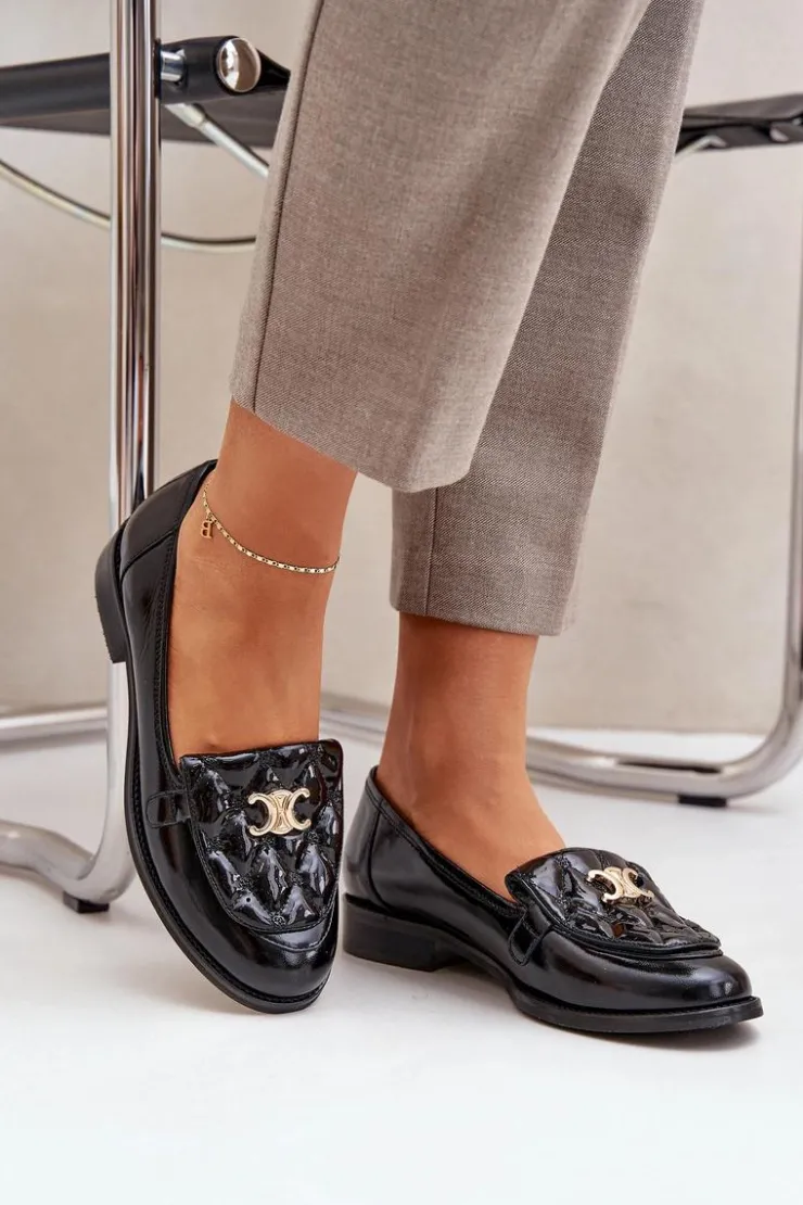 Hot Laura Messi Skórzane Lakierowane Mokasyny Ze Złotą Ozdobą 2927 Czarne