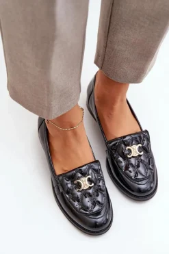 Hot Laura Messi Skórzane Lakierowane Mokasyny Ze Złotą Ozdobą 2927 Czarne