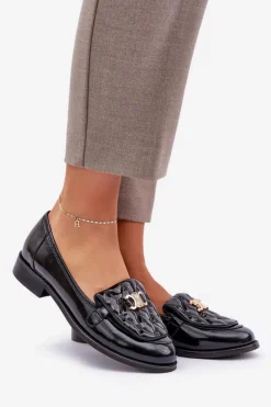 Hot Laura Messi Skórzane Lakierowane Mokasyny Ze Złotą Ozdobą 2927 Czarne