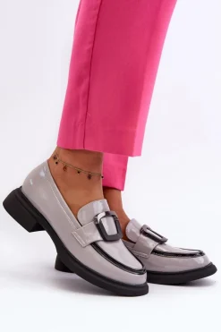 Outlet Buty damskie Vinceza Skórzane Lakierowane Mokasyny Damskie Szare Fidodia