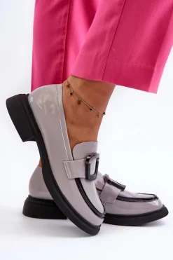 Outlet Buty damskie Vinceza Skórzane Lakierowane Mokasyny Damskie Szare Fidodia