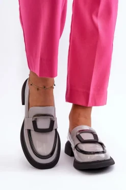 Outlet Buty damskie Vinceza Skórzane Lakierowane Mokasyny Damskie Szare Fidodia