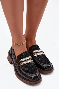 D&A Loafersy Damskie|Mokasyny Damskie Skórzane*Skórzane Lakierowane Mokasyny Damskie Z Ozdobnym Detalem MR52-173 Czarne