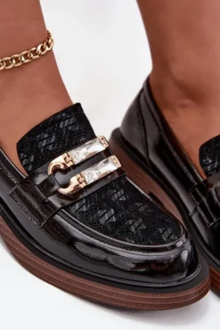 D&A Loafersy Damskie|Mokasyny Damskie Skórzane*Skórzane Lakierowane Mokasyny Damskie Z Ozdobnym Detalem MR52-173 Czarne