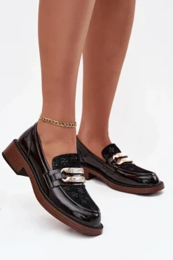 D&A Loafersy Damskie|Mokasyny Damskie Skórzane*Skórzane Lakierowane Mokasyny Damskie Z Ozdobnym Detalem MR52-173 Czarne