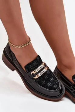D&A Loafersy Damskie|Mokasyny Damskie Skórzane*Skórzane Lakierowane Mokasyny Damskie Z Ozdobnym Detalem MR52-173 Czarne