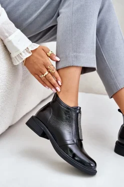 Damskie buty S.Barski Skórzane Lakierowane Niskie Botki Ze Zdobieniem Na Zamek D&A MR880-142 Czarne