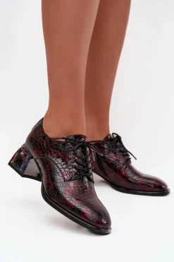 Artiker Półbuty Skórzane*Skórzane Lakierowane Półbuty Damskie Na Obcasie Z Kryształkami 57C0073 Bordowe Czerwony