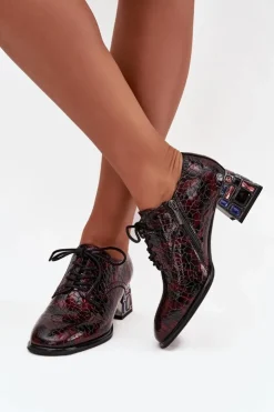 Artiker Półbuty Skórzane*Skórzane Lakierowane Półbuty Damskie Na Obcasie Z Kryształkami 57C0073 Bordowe Czerwony