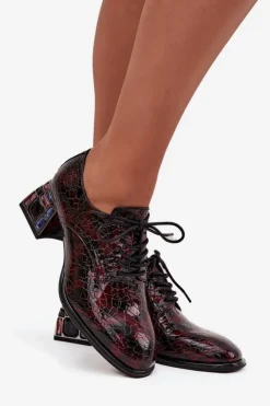 Artiker Półbuty Skórzane*Skórzane Lakierowane Półbuty Damskie Na Obcasie Z Kryształkami 57C0073 Bordowe Czerwony