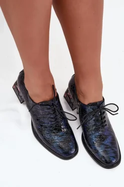 Artiker Półbuty Skórzane*Skórzane Lakierowane Półbuty Damskie Na Obcasie Z Kryształkami 55C0428 Granatowe Niebieski