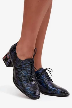 Artiker Półbuty Skórzane*Skórzane Lakierowane Półbuty Damskie Na Obcasie Z Kryształkami 55C0428 Granatowe Niebieski