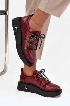 Damskie Artiker Skórzane Lakierowane Półbuty Damskie Na Platformie 57C2046 Bordowe