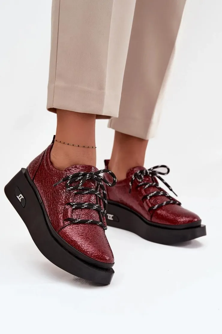 Damskie Artiker Skórzane Lakierowane Półbuty Damskie Na Platformie 57C2046 Bordowe