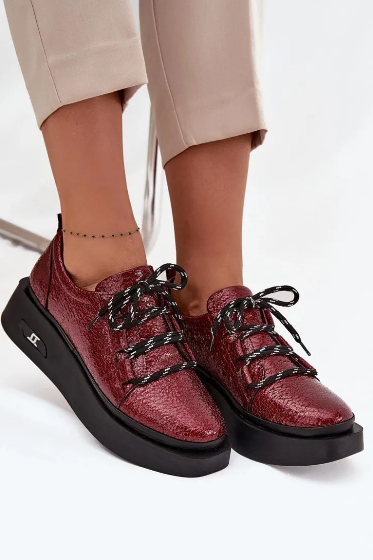 Damskie Artiker Skórzane Lakierowane Półbuty Damskie Na Platformie 57C2046 Bordowe