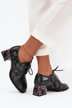 Damskie Artiker Skórzane Lakierowane Półbuty Damskie Na Obcasie Z Kryształkami 57C0072 Szare