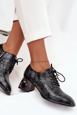 Damskie Artiker Skórzane Lakierowane Półbuty Damskie Na Obcasie Z Kryształkami 57C0072 Szare