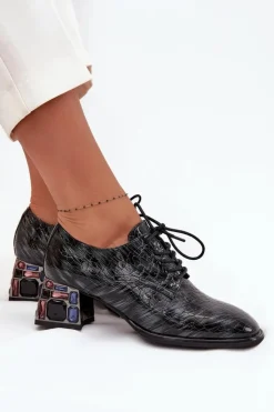 Damskie Artiker Skórzane Lakierowane Półbuty Damskie Na Obcasie Z Kryształkami 57C0072 Szare