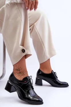 Boto Półbuty Skórzane*Skórzane Lakierowane Półbuty Damskie Na Obcasie Czarne Keria