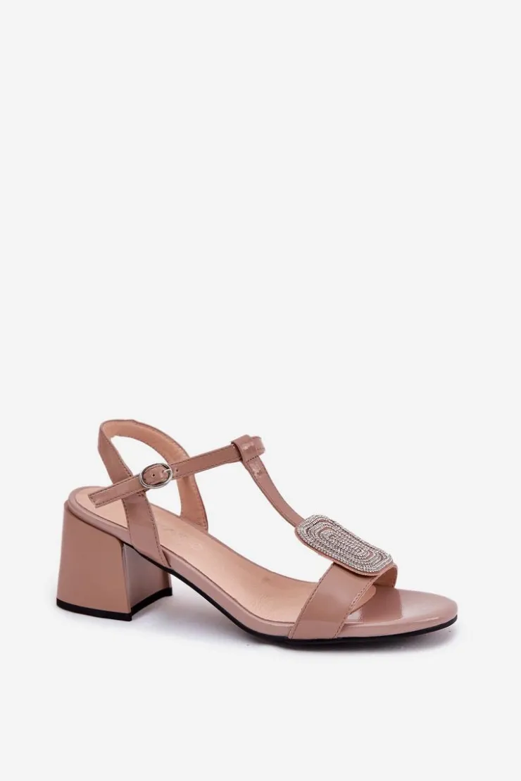 Buty damskie Vinceza Sandały Na Słupku|Sandały Na Obcasie*Skórzane Lakierowane Sandały Damskie Na Słupku Z Ozdobą Vinceza 91134 Beżowe Beżowy