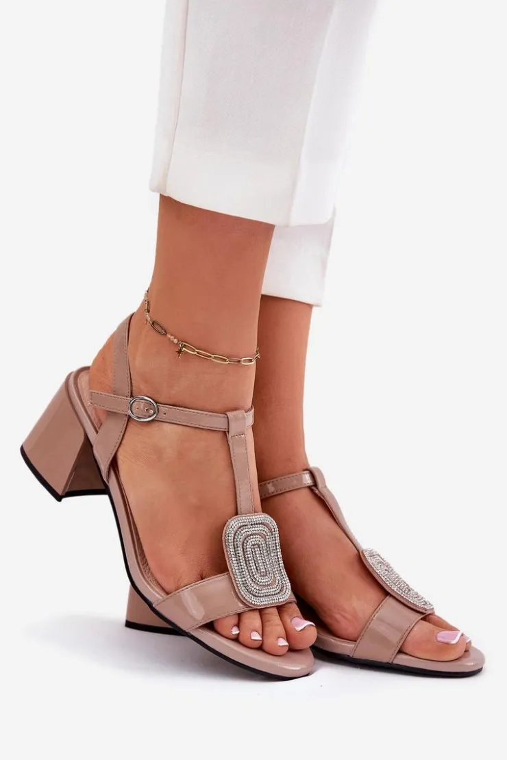 Buty damskie Vinceza Sandały Na Słupku|Sandały Na Obcasie*Skórzane Lakierowane Sandały Damskie Na Słupku Z Ozdobą Vinceza 91134 Beżowe Beżowy