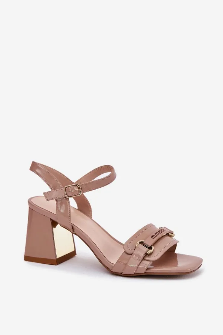 Online Evento Skórzane Lakierowane Sandały Damskie Na Słupku Beżowe Mevonelle Beżowy