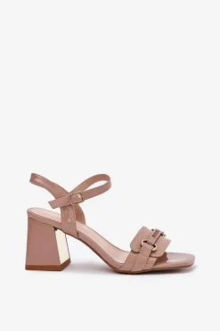 Online Evento Skórzane Lakierowane Sandały Damskie Na Słupku Beżowe Mevonelle Beżowy