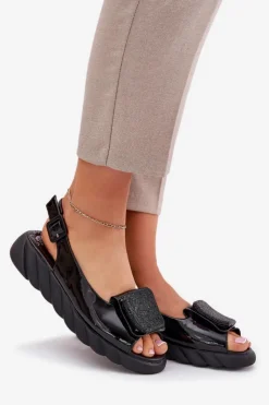 Clearance Artiker Skórzane Lakierowane Sandały Damskie Na Koturnie z Ozdobą 56C1564 Czarne Czarny