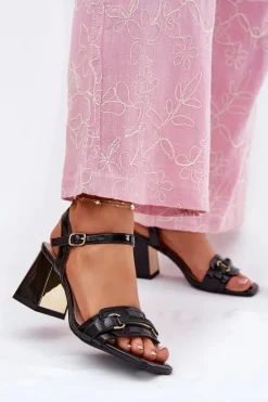 Evento Sandały Na Słupku|Sandały Na Obcasie*Skórzane Lakierowane Sandały Damskie Na Słupku Czarne Mevonelle Czarny