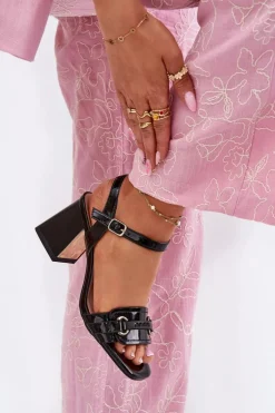 Evento Sandały Na Słupku|Sandały Na Obcasie*Skórzane Lakierowane Sandały Damskie Na Słupku Czarne Mevonelle Czarny