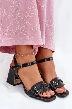 Evento Sandały Na Słupku|Sandały Na Obcasie*Skórzane Lakierowane Sandały Damskie Na Słupku Czarne Mevonelle Czarny