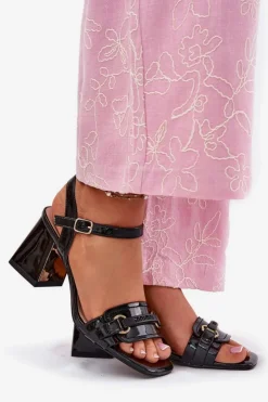 Evento Sandały Na Słupku|Sandały Na Obcasie*Skórzane Lakierowane Sandały Damskie Na Słupku Czarne Mevonelle Czarny