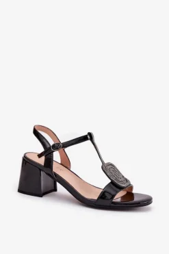 Damskie Buty damskie Vinceza Skórzane Lakierowane Sandały Damskie Na Słupku Z Ozdobą Vinceza 91134 Czarne