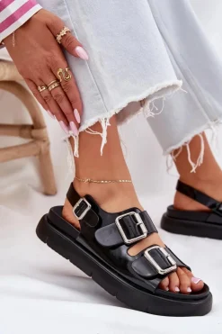 Big Star Shoes Sandały Big Star|Sandały Płaskie*Skórzane Lakierowane Sandały Damskie Z Klamrami Big Star RR274662 Czarne Czarny