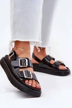 Big Star Shoes Sandały Big Star|Sandały Płaskie*Skórzane Lakierowane Sandały Damskie Z Klamrami Big Star RR274662 Czarne Czarny