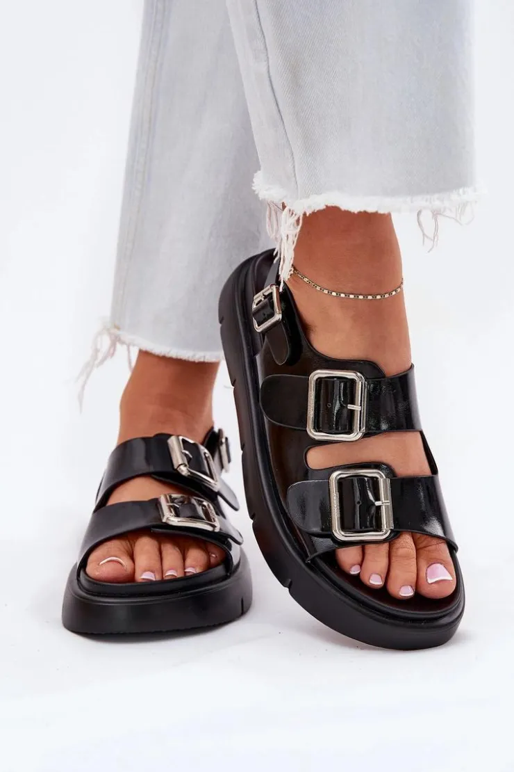 Big Star Shoes Sandały Big Star|Sandały Płaskie*Skórzane Lakierowane Sandały Damskie Z Klamrami Big Star RR274662 Czarne Czarny