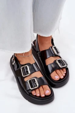 Big Star Shoes Sandały Big Star|Sandały Płaskie*Skórzane Lakierowane Sandały Damskie Z Klamrami Big Star RR274662 Czarne Czarny