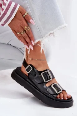 Big Star Shoes Sandały Big Star|Sandały Płaskie*Skórzane Lakierowane Sandały Damskie Z Klamrami Big Star RR274662 Czarne Czarny