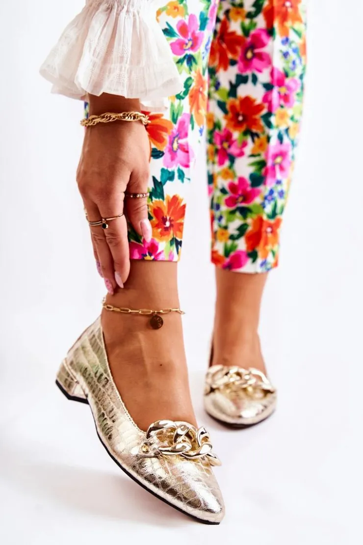 Boto Skórzane Lakierowane Wężowe Czółenka Złote Elissabeth